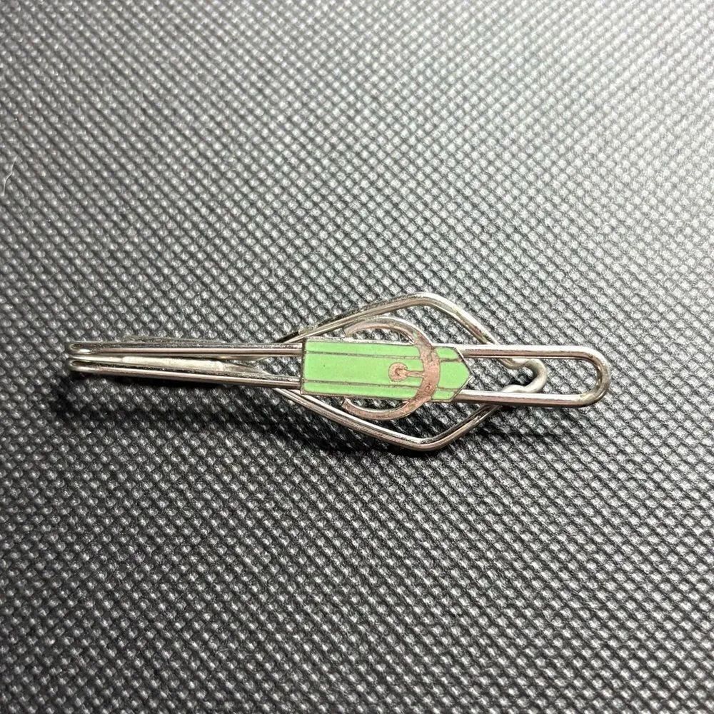 Vintage 60’s Silver tone and Green Tie Clip or money clip with buckle design